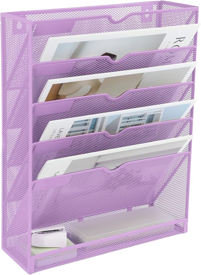 6 Tier Mesh Hanging Wall File Organizer, Desk Vertical Mail Paper Document Folder Holder Rack with Bottom Tray and Nametag Label for Office Home School, Light Purple