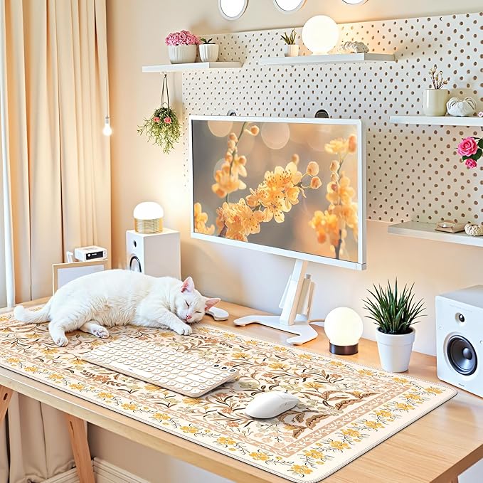 iCasso Desk Matt for Desktop, Cute Desk Pad Mat,35.4x15.7in,Yellow Floral | XXL Large Mouse Pad, Anti-Slip Big Mousepad with Stitched Edges, Keyboard Pad Mouse Mat for Computer