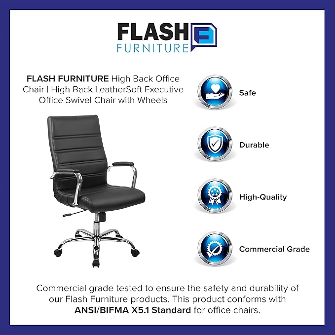 Flash Furniture High Back Office Chair - High Back LeatherSoft Executive Office Swivel Chair with Wheels | 360° Swivel, Height Adjustable, Commercial Grade