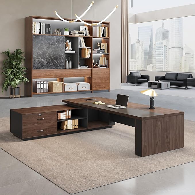 87" L-Shaped Executive Desk with Reversible Return, Locking Drawers, Built-in Power Outlet & LED Accent Light, Modern Office Desk with Storage and Privacy Panel, Walnut & Graphite Gray