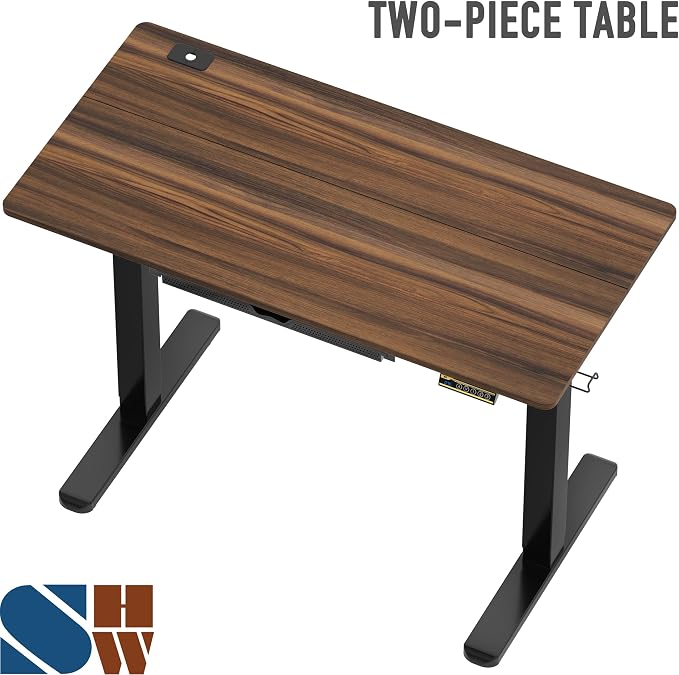 SHW 48-Inch Electric Height Adjustable Standing Desk w/Drawer, Walnut | w/ Memory Presets and Cable Management | Drawer with adjustable compartments | Hanging Hooks