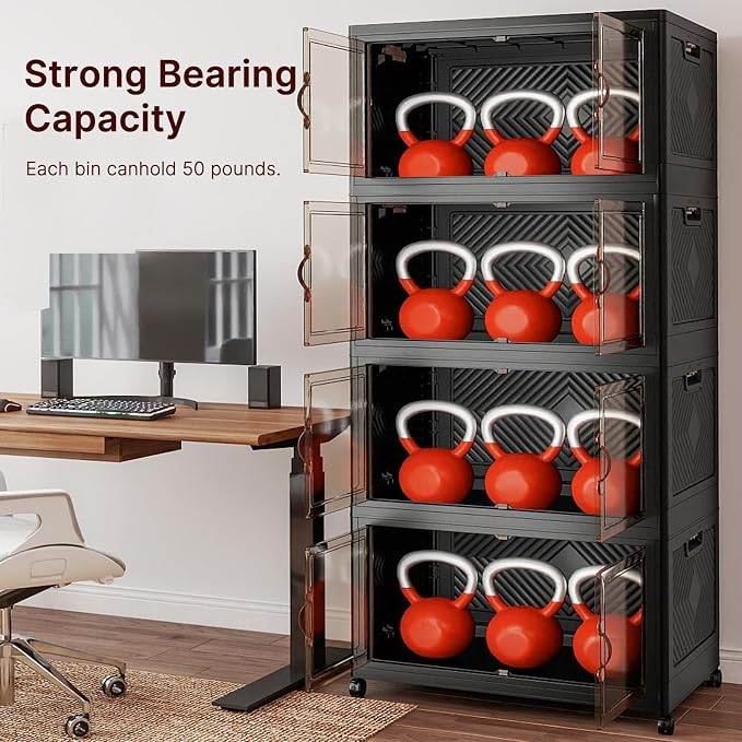 Stackable Storage Bins with Lids, 720QT Lockable Storage Cabinet | Foldable Storage Box with Doors and Wheels, Plastic Drawers for Home, Garage, Office (4, Black, Extra Large)