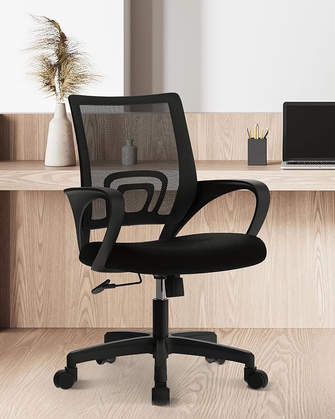 NEO CHAIR Office Desk Computer Chair Ergonomic Mesh Gaming Mid Back Seat with Comfy Lumbar Support Adjustable Height Swivel for Home Task (Black)