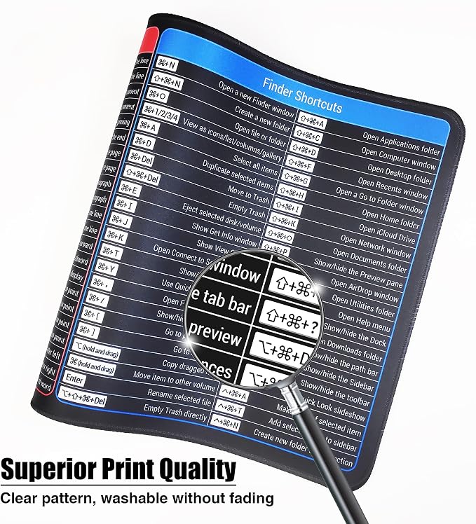 Mac OS Shortcuts Cheat Sheet Mouse Pad, XL 31.5"x11.8"x0.12" | Large Keyboard Shortcut Desk Mat, Non‑Slip Rubber Base, Stitched Edges, Washable, for Office Home Use