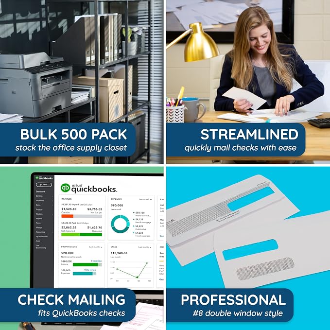 Blue Summit Supplies 500#8 Double Window Security Envelopes, Flip & Seal | 3 5/8 x 8 11/16 in, security tint, flip and seal, for QuickBooks checks, business mailings