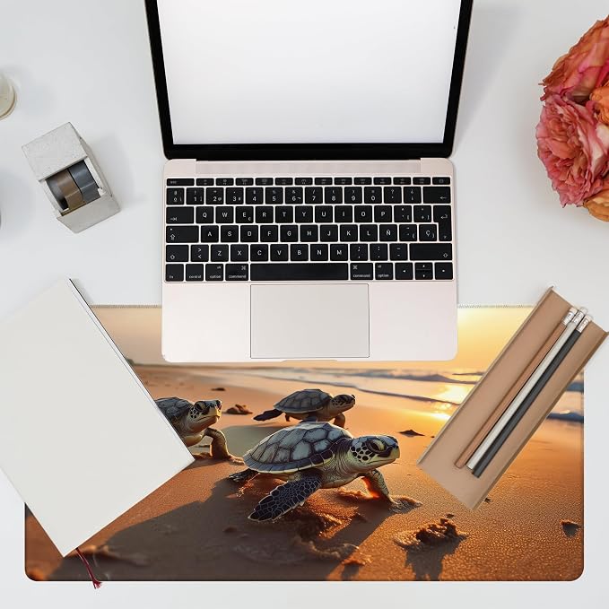 Large Gaming Mouse Pad for Desk, Baby Turtles On Beach Desk Mat, Cute Sea Turtle Desk Pad, 31.5"x15.7" Extended Big Computer Keyboard Mouse Pad with Non-Slip Base and Stitched Edge