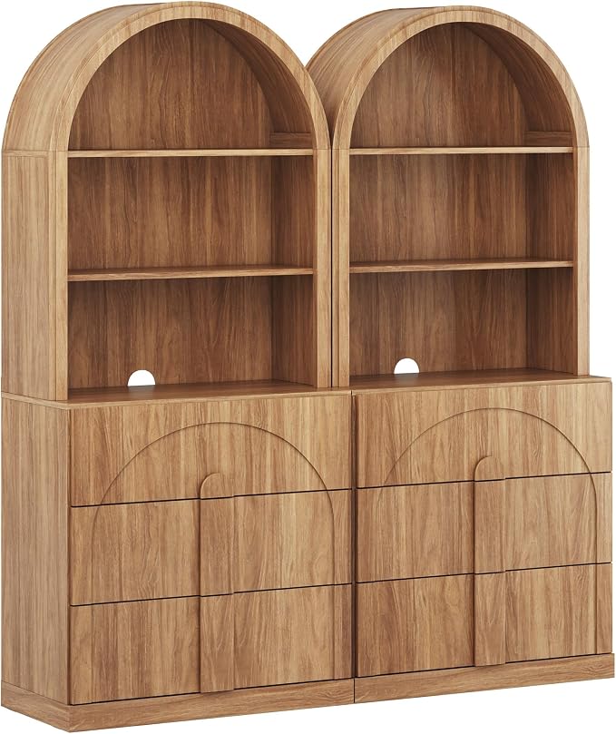 BELLEZE Arched Bookshelf with 3 Drawers Set of 2, 71" Tall Modern Wood Display Cabinet with Hutch, Modern Book Case Shelf with Storage Versatile Cupboard for Living Room Office, Camel