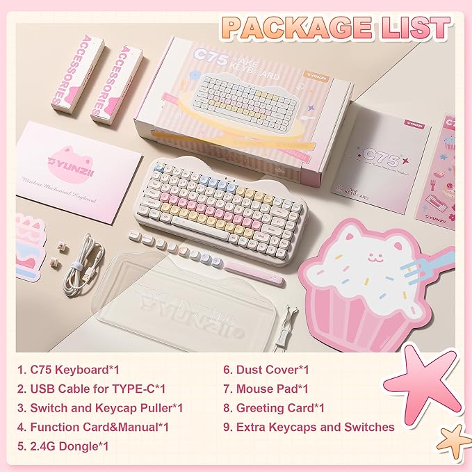 YUNZII C75 Wireless Mechanical Keyboard,75% Layout, Hot-Swappable NKRO,BT5.0/2.4G/USB-C Mode,Dye-Sub PBT MOA Keycaps,RGB Gasket Mount,Cute Cake Design for Mac/Win/Gaming (Beige, Milk V2 Switch)