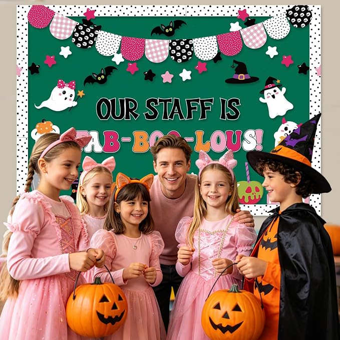 75Pcs Halloween Bulletin Board Decorations Set, Our Staff is Fab-Boo-Lous Halloween Pink Classroom Decor, Cute Boo Ghost Bat Paper Cutouts for School Office Door Wall Decor