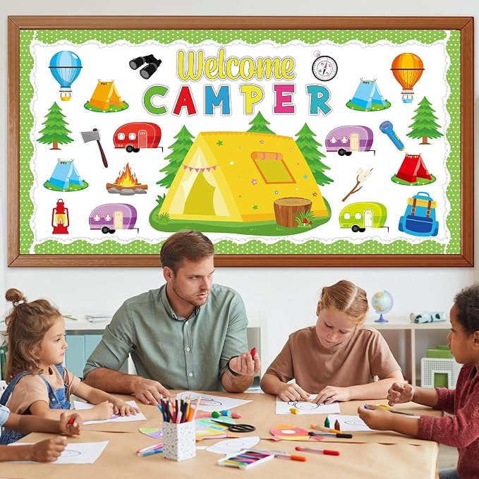 Camping Bulletin Board Set Happy Camper Trim Classroom Border Decorations VBS Tent Vintage Trailers Cutouts Welcome Camper for Back to School Summer Camping Nursery Chalkboard Wall Door Decor