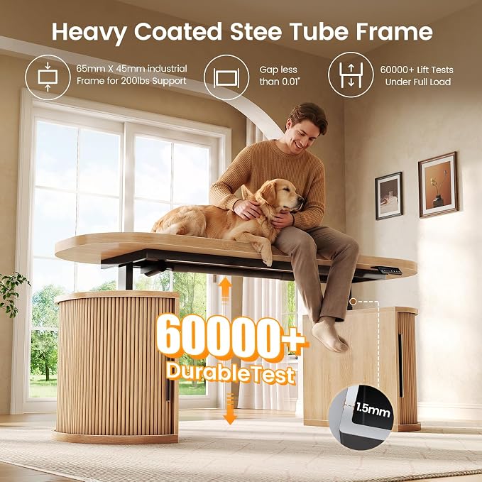 SEDETA 57" Standing Desk with Storage, Electric Height Adjustable Executive Fluted Desk with Curved Cabinets, Computer Desk with Power Strip for Home Office, Light Oak