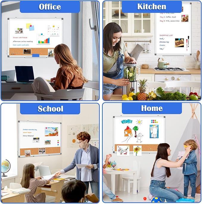 Whiteboard Cork Board Combo for Wall, 36" x 24" Dry Erase Whiteboard | Double-Sided Magnetic, Corkboard White Board Combo, Bulletin Board, Aluminium Frame, Hang Wall Mount, Office Home School