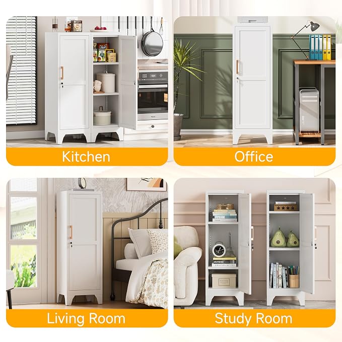 46"H White Metal Locker Set of 2,Small Locking Cabinet with 1 Door and 2 Adjustable Shelves For Employees,3 Tier Small Storage Cabinet with Detachable Legs for Kitchen, Office,School,Gym,Easy Assembly
