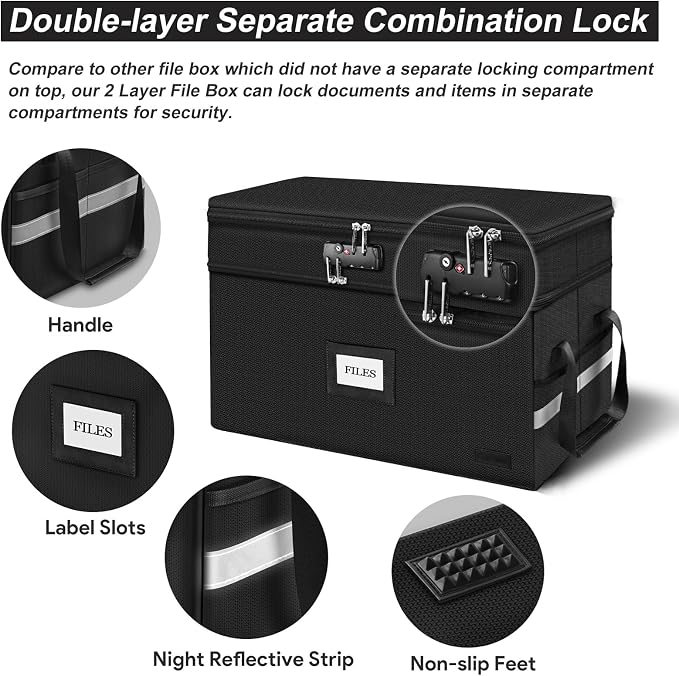 Large Fireproof Document Box with Lock, 2 Layer File Storage Organizer Box | Portable Office Collapsible File Storage with Reflective Strip & Handle for Hanging Letters, Legal Size Folder, Certificate