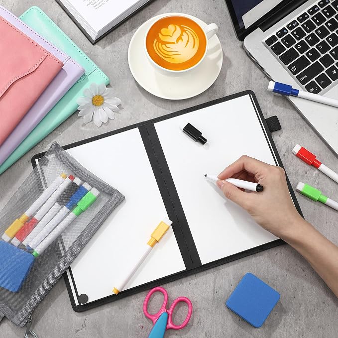 Feifeiya 6 Sides Dry Erase Notebook, Black, A5 6" X 8.5" | Portable Reusable Whiteboard Notepad 6 Side Foldable Dry Erase White Board for Planner Office Study Business Meeting Supplies