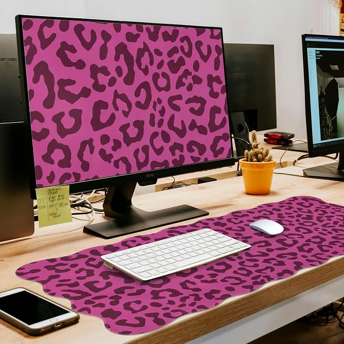 L-SPOUTTO Hot Pink Leopard Mouse Pad,Scalloped Desk Mat XXL Gaming Mousepad | Cheetah Large 35.4x15.7in Non-Slip Rubber Base Keyboard Pad Waterproof Desktop Mat for Laptop Computer Game Home Office