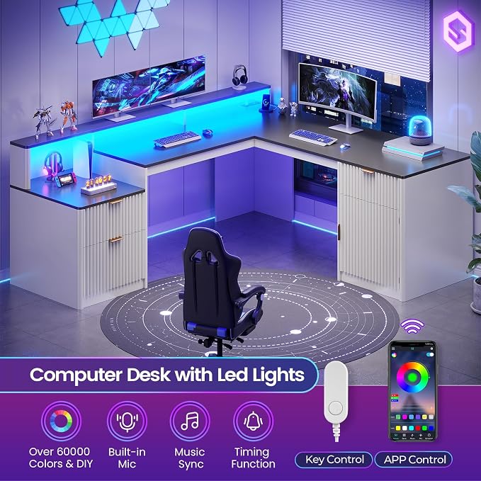 SEDETA 66" Modern L Shaped Desk with Drawers, Fluted Home Office Desk with File Cabinet and Printer Shelf, Wood Executive Desk with Monitor Stand, Led Lights, Power Outlets, White