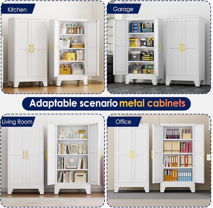 erosoei 47" H Metal Garage Storage Cabinet, Metal Pantry Cabinet with 2 Doors, Locker Steel Cabinet with 3 Adjustable Shelves, Freestanding Cupboard for Garage,Office,Home,Gym,School