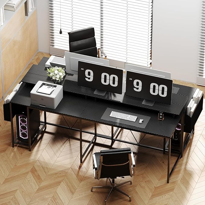 L Shaped Gaming Desk with Power Outlets & LED Lights, 53 inch Corner Computer Desk with Monitor Stand and Storage Bag, Home Office Desk Table for Bedroom, Dual Workstation, Carbon Fiber Black