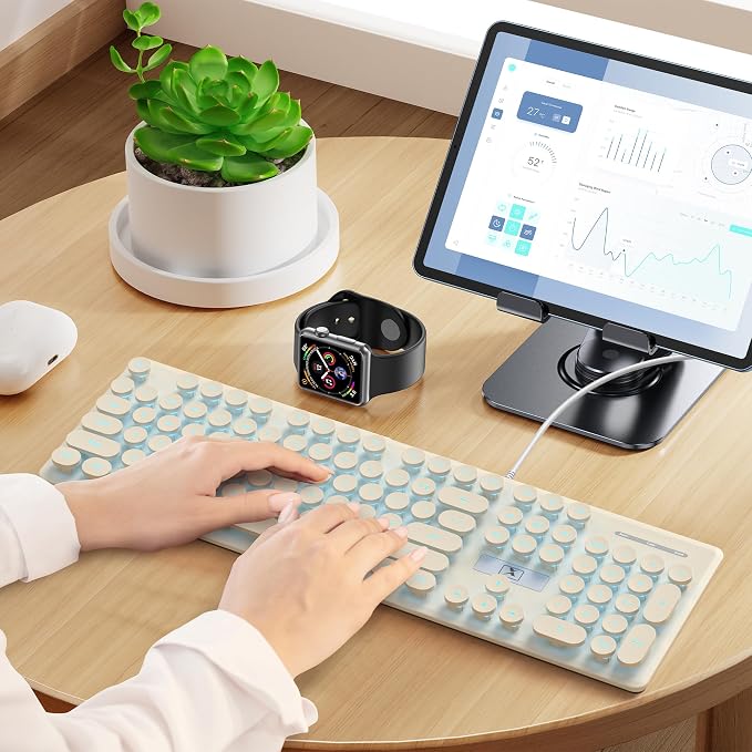 surmen Cute Quiet Keyboard Wired Retro Typewriter, Full Size Soft Keyboards with Number Pad, Round Keys, Backlit USB for Office, Desktop, Laptop (Beige)