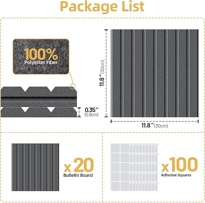 Large Cork Board for Walls 20 Pack Bulletin Board with 100 Adhesive Tabs | 48" x 60" Alternative CorkBoard for Pictures Photos, Felt Push Pin Boards Tiles for Office Classroom Wall Decor - Black
