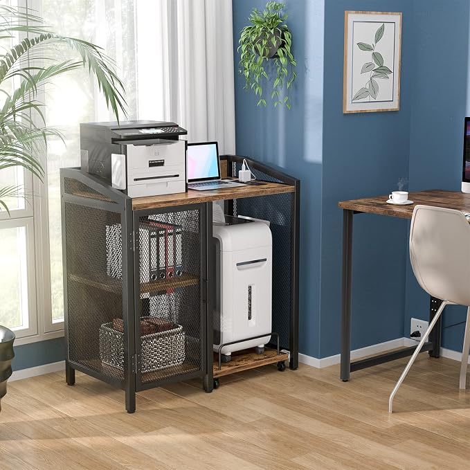 Unikito Large Printer Stand with Power Outlet and Adjustable Storage | Printer Table With Paper Shredder Stand On Wheel, File Cabinet with PC Tower Shelf for Home Office, Rustic Brown