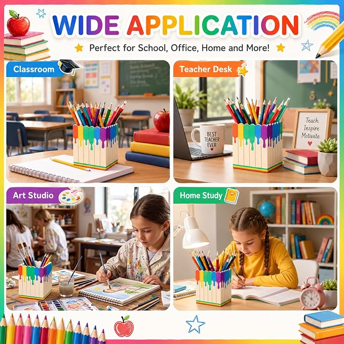 Sherr 2 Pcs Wood Pencil Holder Art Painting Classroom Decor Pen Holder for Classroom Back to School Wooden Crayon Organizer Pencil Storage for Teacher Students First Day School Gifts Office Desk