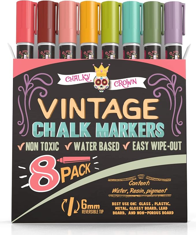 CHALKY CROWN Liquid Chalk Markers - Vintage Colors - 8 Pack, 6mm | Unique Vintage Color Palette for Glass, Signs & Chalkboards - Reversible 6mm Chisel & Bullet Tip - Easy Wet Wipe Clean