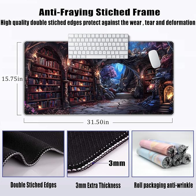 Enchanted Mystic Archive Library Desk Mat Large Mouse Pad Aesthetic Keyboard Pad Extended Gaming Mousepad XXL Dark Academia Desk Pad Computer Laptop Mouse Mat Office Desktop Decor Pad 31.5x15.7 in