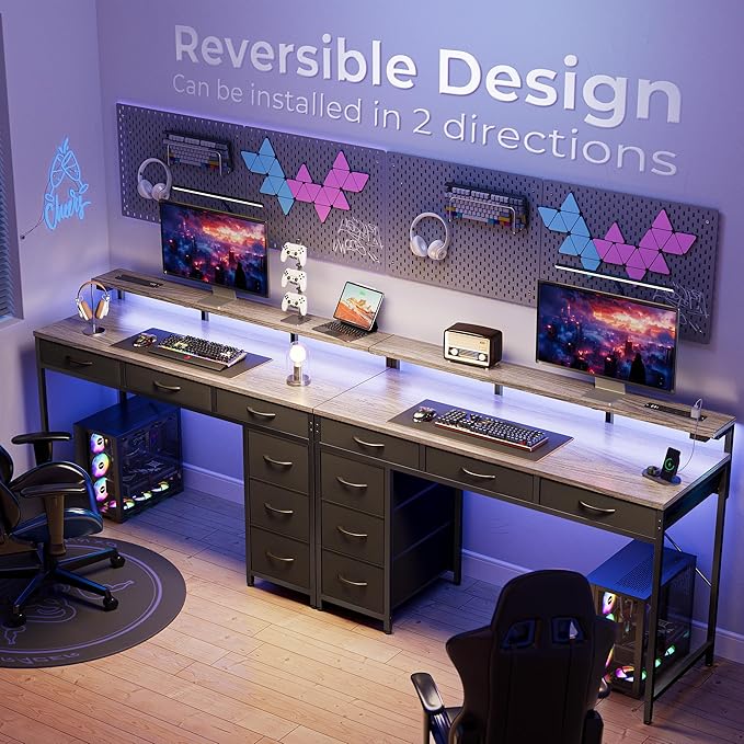 Huuger Gaming Desk with 6 Drawers, Computer Desk with LED Lights Power Outlets and Type-C, 47 Inch Office Desk with Storage, Monitor Stand, Writing Work Desk Home Office, Bedroom, Study, Grey
