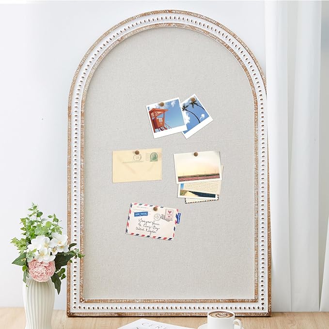 Vintage Framed Pin Board Linen Display Bulletin Board Large Ornate Fabric Picture Photo Pinboard Memo Decorative Prayer Pinboard Ornate for Wall Gift(Arch,24" X 36",Boho White)