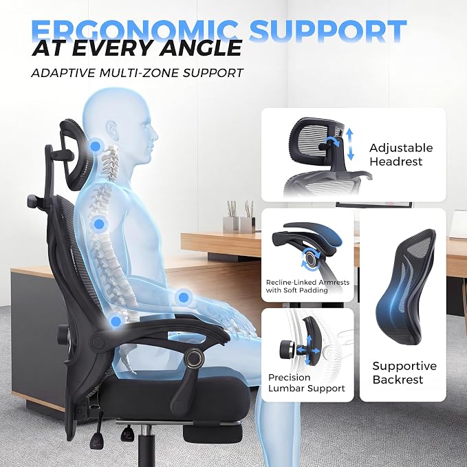 CYKOV Ergonomic Office Chair, Reclining, Footrest, Adjustable Lumbar, 350LB | 4-Way Headrest (4.72" + 60°), 2-Way Lumbar (2" + 1.18"), 90-135° Recline, Breathable Mesh, Gaming & Office, 5-Year Warranty