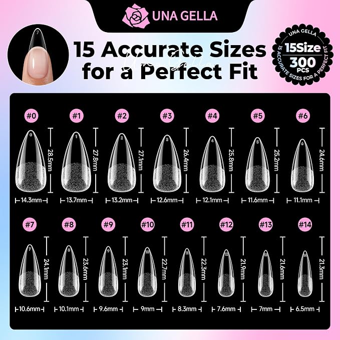 UNA GELLA Stiletto Gel Nail Tips Medium 15 Sizes Pre-Etched Clear Tips | 300PCS Easy DIY Salon Stiletto Almond Press On Nails Snug Fit Full False Fake Nail Extensions Long-Lasting Hold