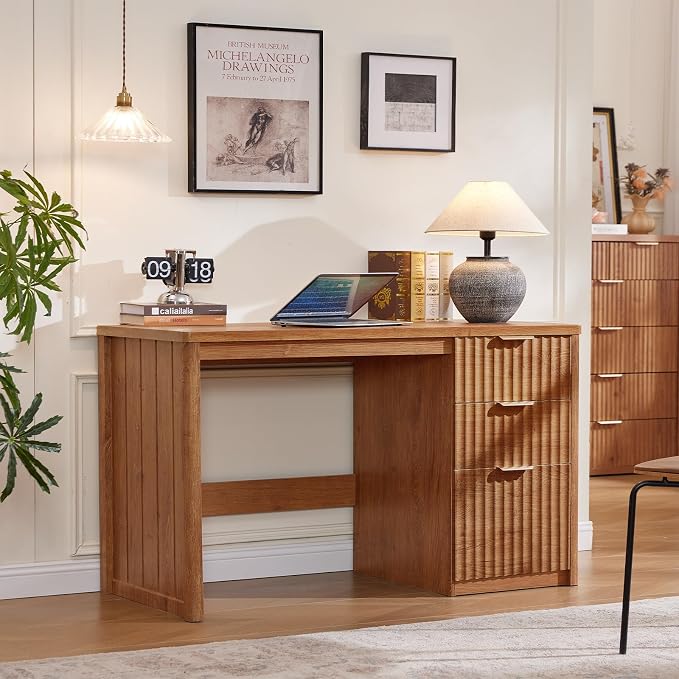 LEYAOYAO Office Desk 48" with 3 Drawers Storage File Cabinet | Wood Fluted Work Study Escritorio Desks for Computer Office Bedroom Home Furniture