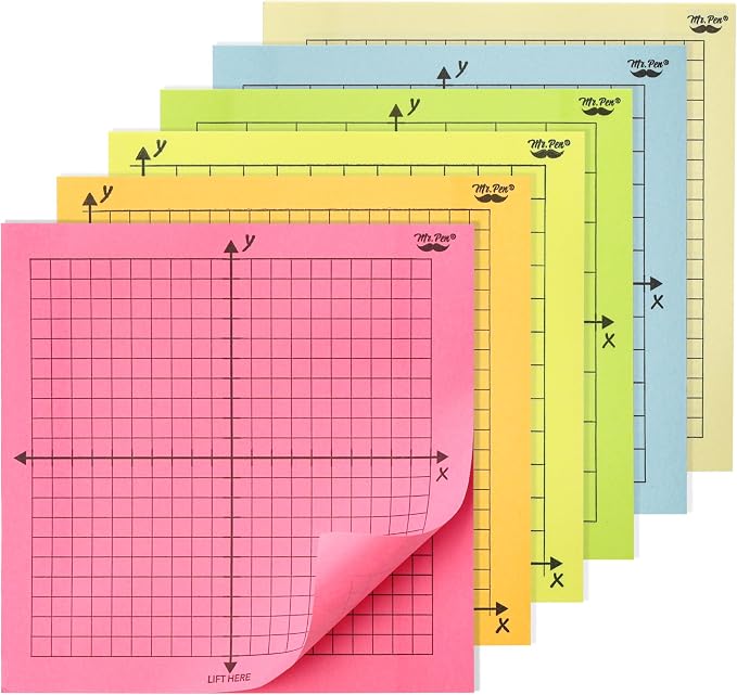 Mr. Pen- Graph Sticky Notes, 3x3 Inch, 6 Pads, 50 Sheets/Pad, 300 Sheets | 6 Grid Designs, Bright Colors, Square Graph Paper Notes, Grid Sticky Note Pads for Math, Study, Journals, Planners
