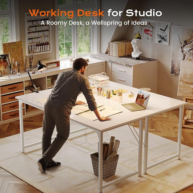 55 X 24 Inch Computer Desk with Deeper Desktop, Gaming Office Writing Work Desk for Home Office, Study, Bedroom, Work from Home, Metal Frame, White