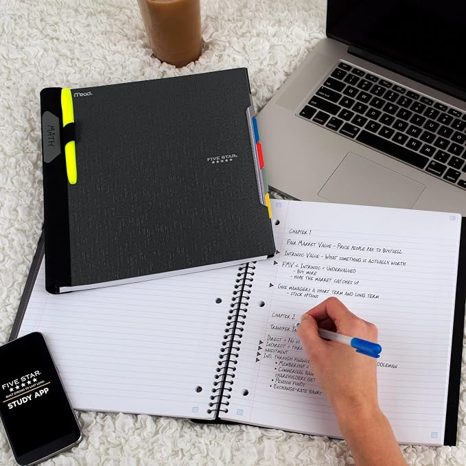 Five Star Advance Spiral Notebook + Study App, 5 Subject, College Ruled Paper, 8-1/2" x 11", 200 Sheets, Spiral Guard, Movable Tabbed Dividers, Black (73144) (Pack of 6)