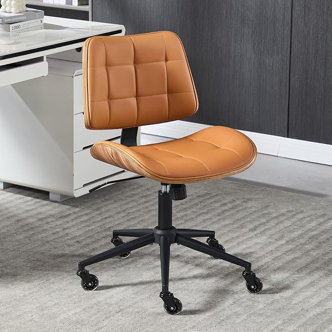Home Office Desk Chair with Rubber Wheels, Armless Bentwood, Brown | Adjustable Height Armless Office Chair, PU Leather Mid Back 360°Small Computer Chair, No Arms Walnut Seating, 300LBS Support