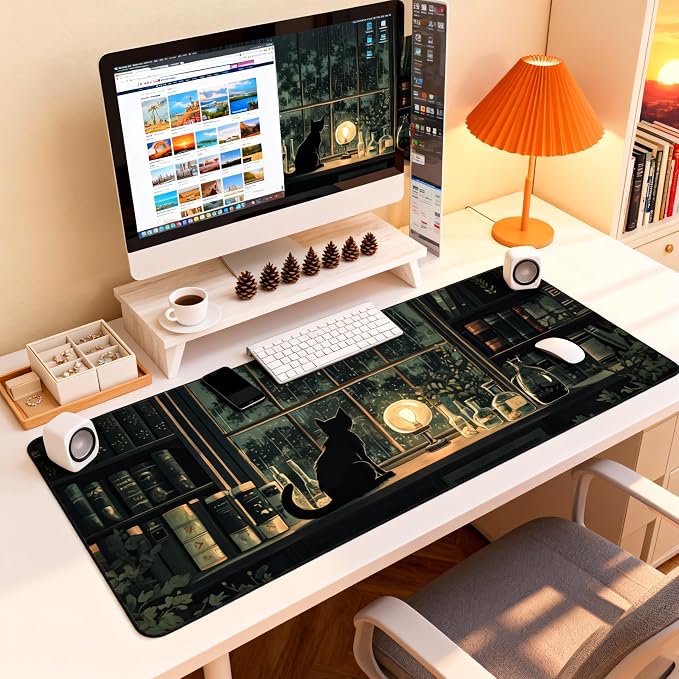 Anime Black Cat Gaming Mouse Pad, Forest Green Mystical Desk Mat with Anti-Slip Base & Stitched Edges, Office & Home Desk Decor for Women, 35.4" x 15.7" in Computer Desktop Mat