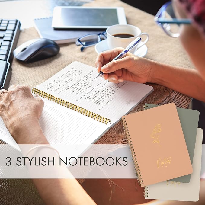 Aesthetic Spiral Notebook Set of 3 For Women - Cute College Ruled Journals | 8x6 Journal Notebook with Large Pockets and Lined Pages - Perfect Supplies to Stay Organized at Work or School