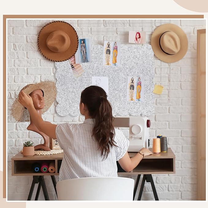 Mooliwe Scalloped Felt Bulletin Cork Board Foldable Light Gray 24 * 18 Inch | 2' x 1.5' Trifold, Self Adhesive, Picture Vision Board, Cork Alternative for Wall, Pin Bulletin Decorative for Office Bedroom