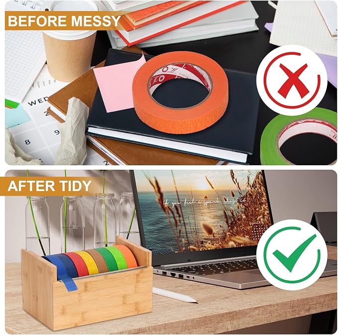 Wood Masking Tape Dispenser Fits 1" and 3" Core Large Tape Dispenser 3 Inch Core Painters Tape Dispenser Multi Roll Tape Holder Craft Tape Dispenser with 8 Pcs 3 Inch Core for Heat Tape (No Tape)