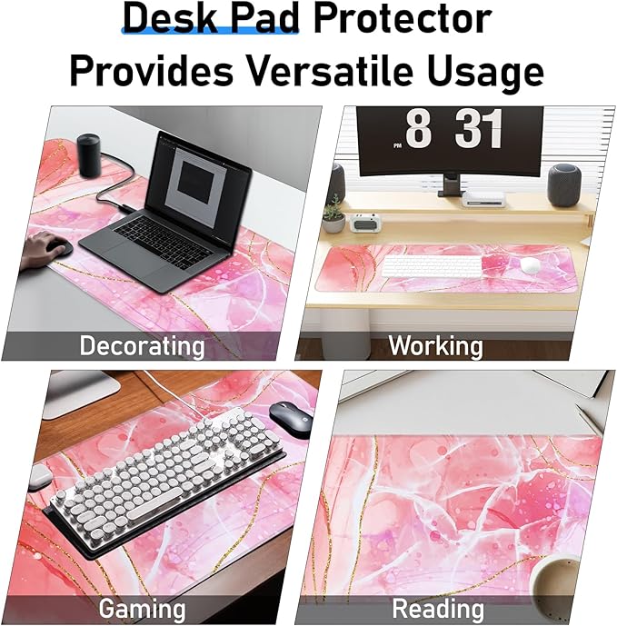 Pink Mouse Pad, Large Gaming Mouse Pad, Non-Slip Base and Stitched Edges, for Gaming, Home, Office, 31.5 x 11.8 Inch, Cute Desk Pad, Rose Gold Marble