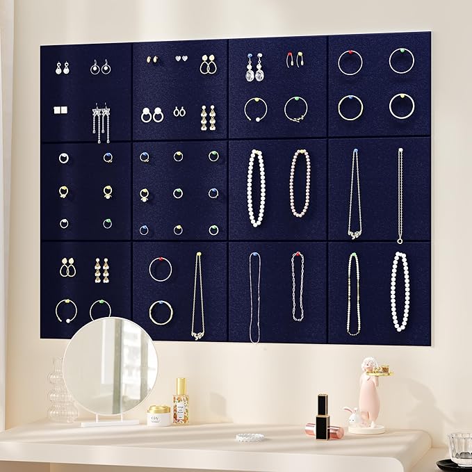 Large Cork Board for Wall, 48" x 36" Bulletin Board with Pushpins, 12 Panels Felt Tiles Tack Push Pin Board for Office, Dark Blue