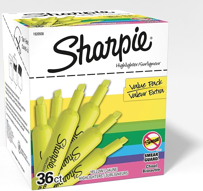 SHARPIE Tank Style Highlighters Chisel Tip Fluorescent Yellow,36 Count (Pack of 6)