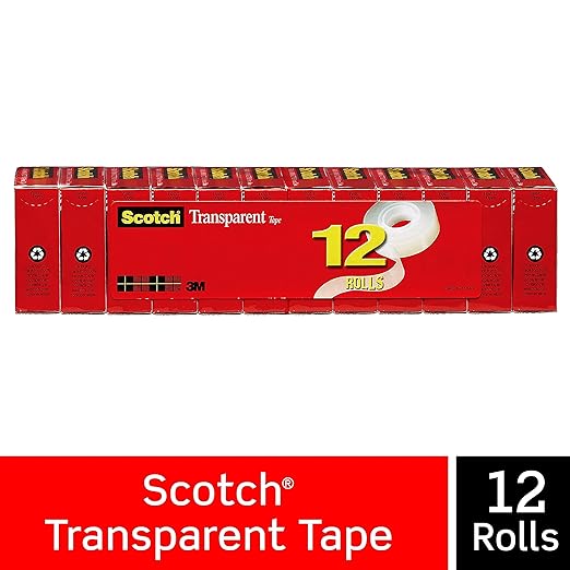 Scotch Transparent Tape, Clear Tape Engineered for Office and Home Use, 1 Inch Core, 3/4 in x 1000 in, 12 Rolls