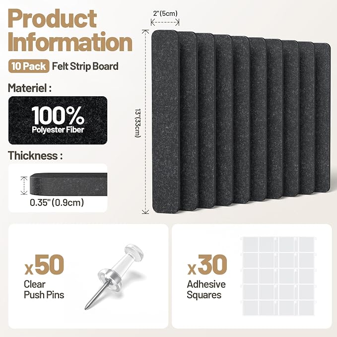 10 Pack 13"x2" Cork Board Strip with Removable Adhesive Squares & Push Pins | Pin Board Alternative Felt Strip Bulletin Board, Felt Board for Photo & Note Display, Home Office Decor - Black