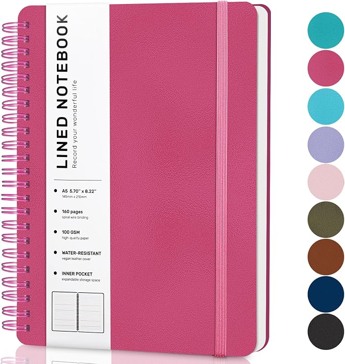Lined Spiral Notebook for Women, A5 College Ruled Leather Spiral Journals | 160 Pages Small Journaling Notebooks, 5.7"x11" Note Book for Writing, Work, School, Men, Hardcover Leather Journals, Deeppink