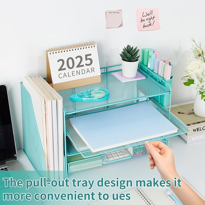 Desk Organizer, 4-Tier Desktop File Organizer with Drawer and Pen Holders, Office Desk Accessories, File Sorters, Workspace Organizers for Office Supplies(Teal Blue)