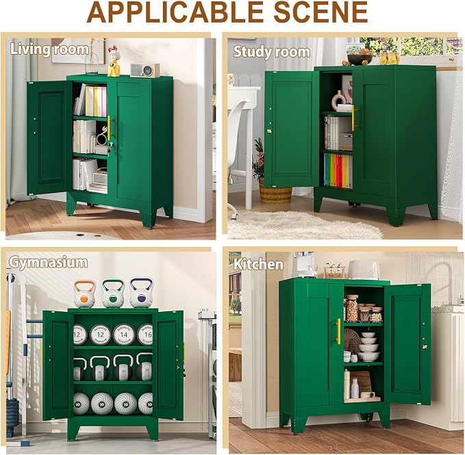 36" Metal File Garage Storage Cabinet with Lock,Lockable Office File Cabinet with 2 Doors and 2 Adjustable Shelves,Outdoor Steel Locker Organizer for Home Office,Gym,School,Warehouse(Green)